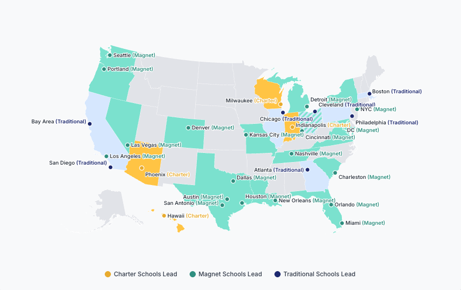 Map showing whether specialized or traditional public schools perform best in US metros.